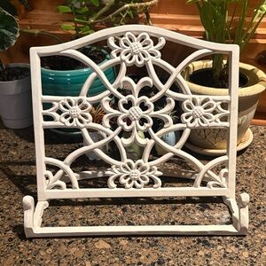 Heavy White Enameled Cast Iron Cookbook Holder Stand with Floral design